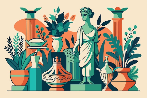 Colorful Abstract Composition of Classical Busts and Plants