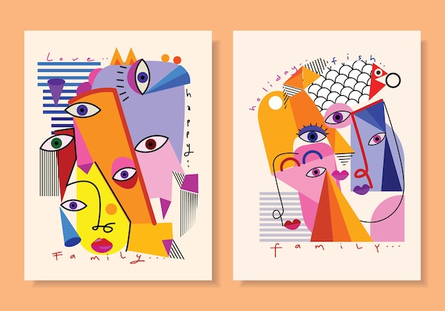 Colorful abstract face portrait background set Geometric cubism art style shapes and line vector