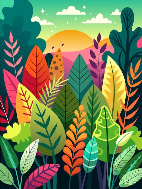 Vector colorful abstract illustration of a forest at sunset