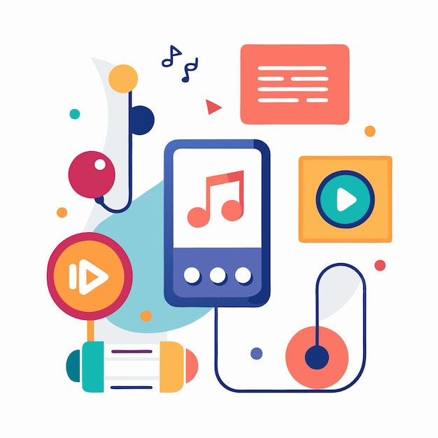 Colorful abstract illustration of music player with play button headphones and notes