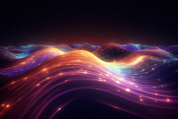 a colorful abstract image of a sunset with a purple and yellow wave