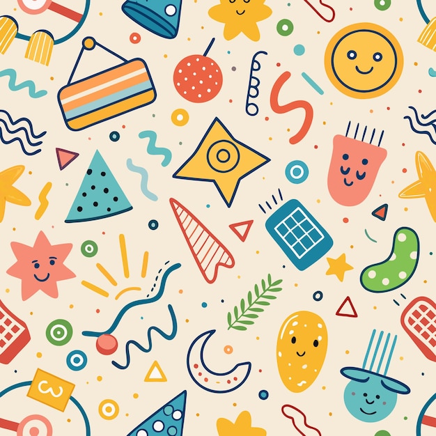 Vector colorful abstract shapes smileys seamless pattern