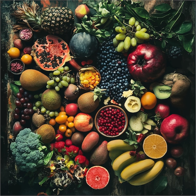 A Colorful and Abundant Display of Fresh Fruits and Vegetables on a Rustic Wooden Surface