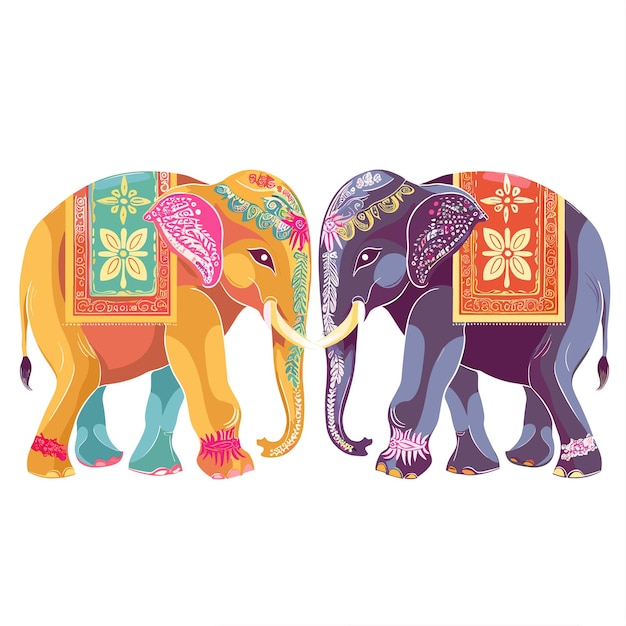 Vector colorful adorned elephants facing other cultural festival graphic vibrant ornate elephant duo