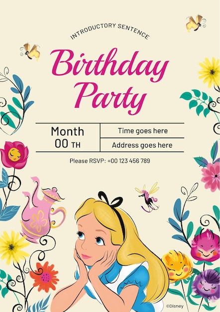 Vector colorful alice in wonderland birthday invitation