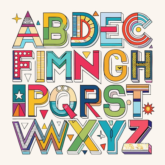 Vector colorful alphabet letters with geometric patterns and 3d effect