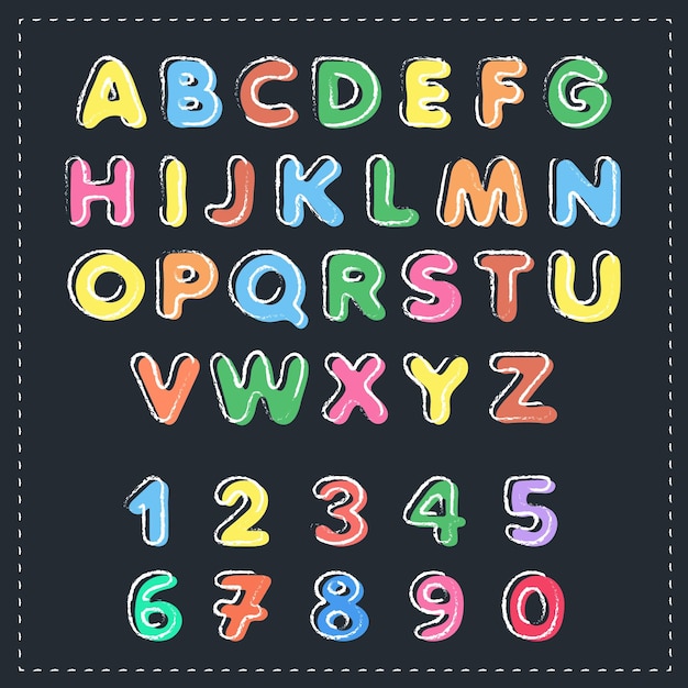 Colorful alphabet and numbers with chalk outline stroke