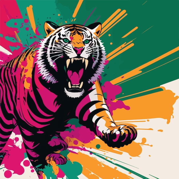 Colorful angry tiger pop art vector illustration