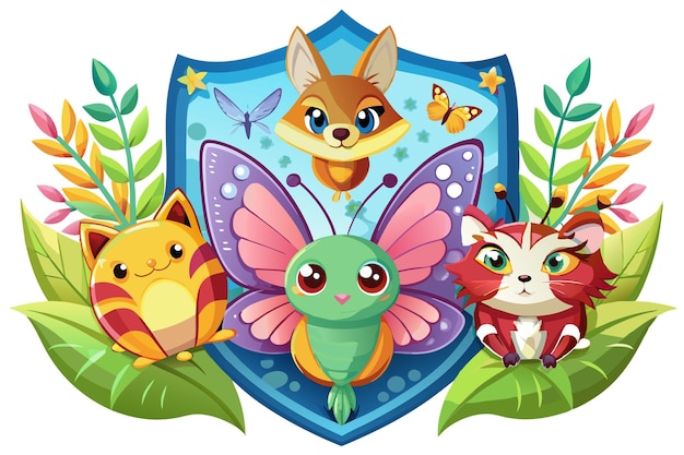 Colorful Animal Friends with Butterfly and Flowers on a Blue Shield