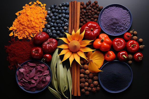 Vector colorful and aromatic herbs and spices on a black ceramic background top view