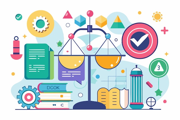 A colorful arrangement illustrates the concepts of law balance and justice through engaging visuals time to understand the rules