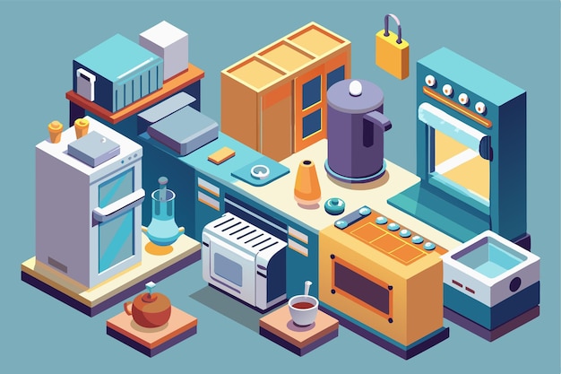 Vector a colorful arrangement of kitchen appliances showcases customizable features in a modern layout kitchen appliances customizable isometric illustration