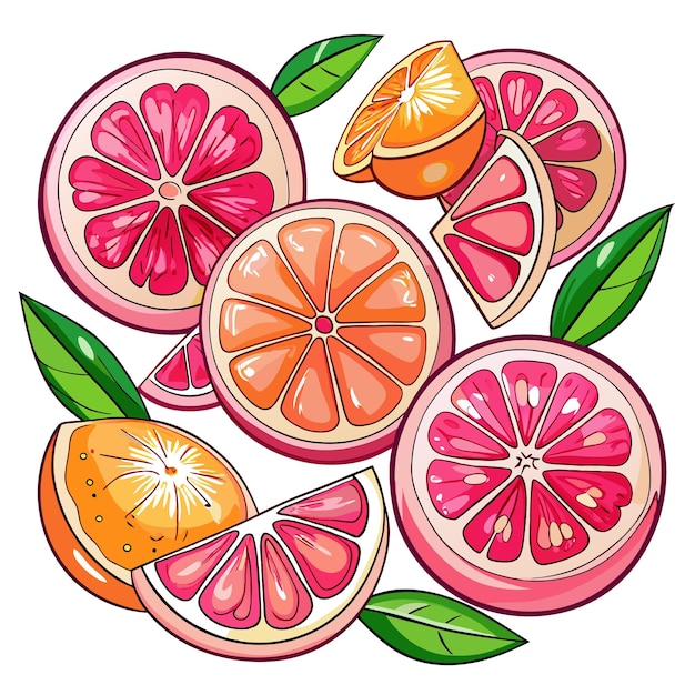 Vector colorful arrangement of various citrus fruits with leaves