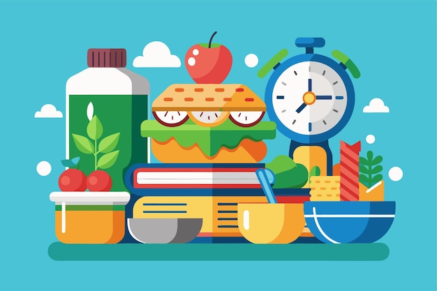 A colorful arrangement of various lunch items including a sandwich fruits and a timer perfect for meal prep Lunch time Customizable Disproportionate Illustration