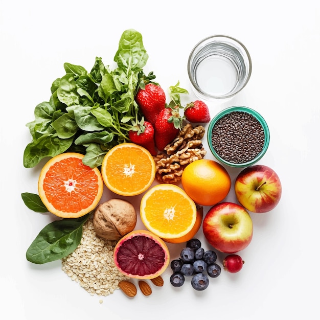 A Colorful Array of Fresh Organic Fruits Vegetables Nuts and Seeds on a White Background Emphasiz