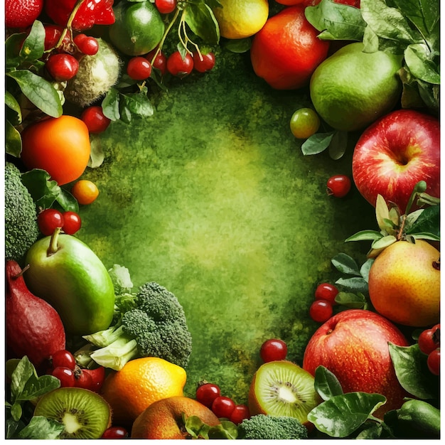 Colorful Assortment of Fresh Fruits and Vegetables with a Textured Green Background Creating a Vi