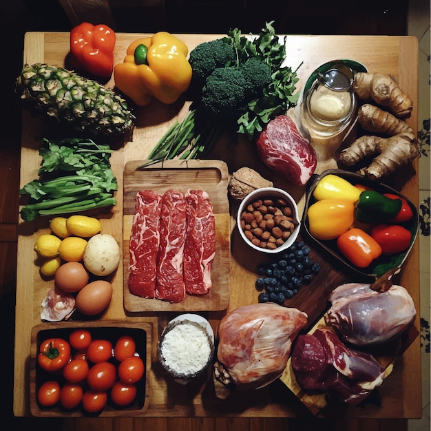 A Colorful Assortment of Fresh Healthy Organic Ingredients for Cooking and Nutrition on a Rustic