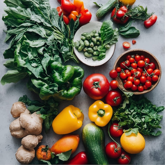 Colorful Assortment of Fresh Organic Vegetables and Fruits on a Grey Tabletop