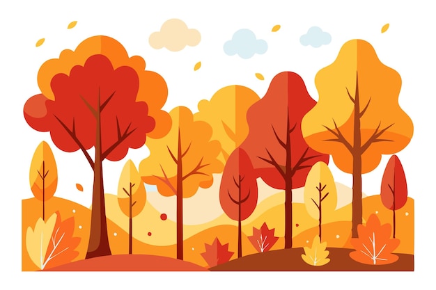 Colorful autumn forest illustration with orange and yellow foliage on a clear day