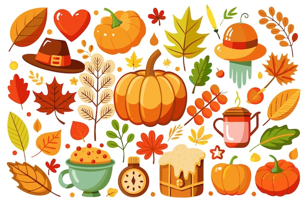 Colorful autumn illustrations with pumpkins leaves and other fall elements