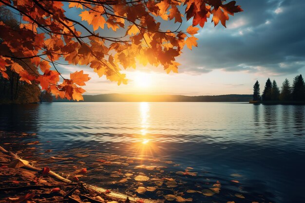 Colorful autumn landscape Branches of birch on the shore of the lake in the rays of the setting sun