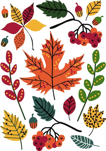 Colorful Autumn Leaves and Berries Floral Seamless Pattern Seasonal Decor Vector Illustration on White Background