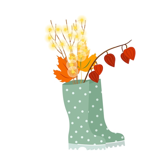 colorful autumn leaves bouquet and a rubber boot isolated on a white background Concept of autumn