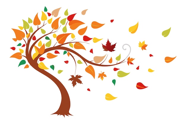 Colorful autumn tree with falling leaves in a seasonal wind illustration