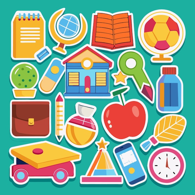 Vector colorful back to school stickers with school supplies and education icons