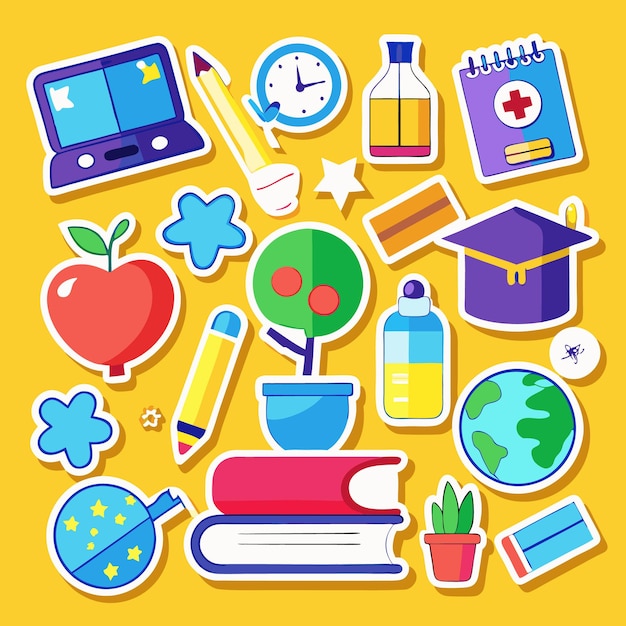 Colorful Back To School Stickers on Yellow Background