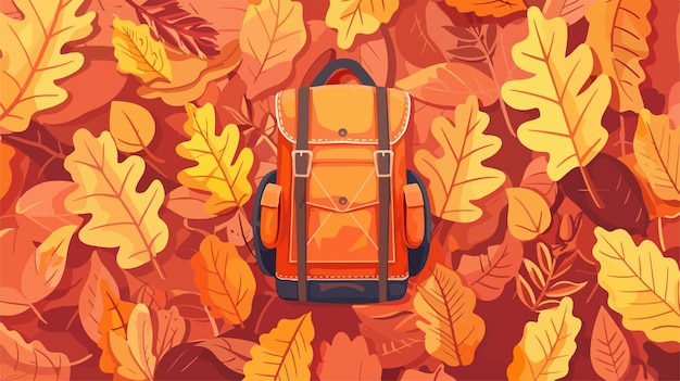 a colorful background with a backpack and autumn leaves