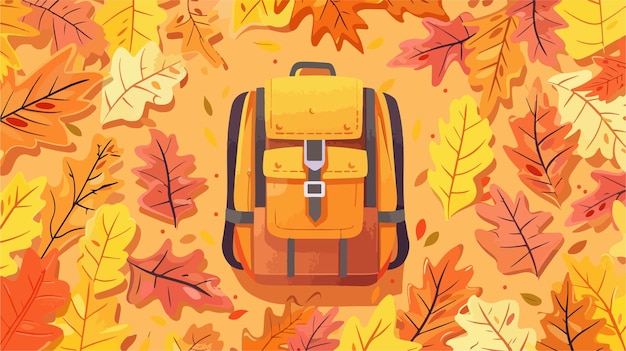 Vector a colorful background with a backpack and autumn leaves