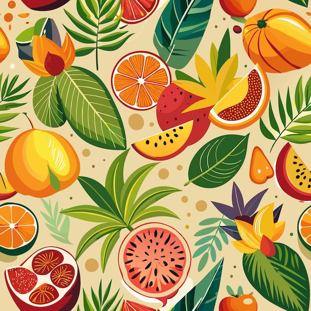 a colorful background with fruits and leaves and fruits