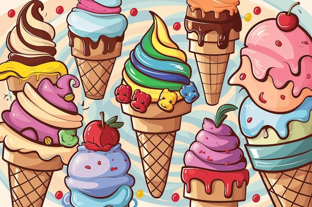 a colorful background with ice cream cones and the word ice cream on it