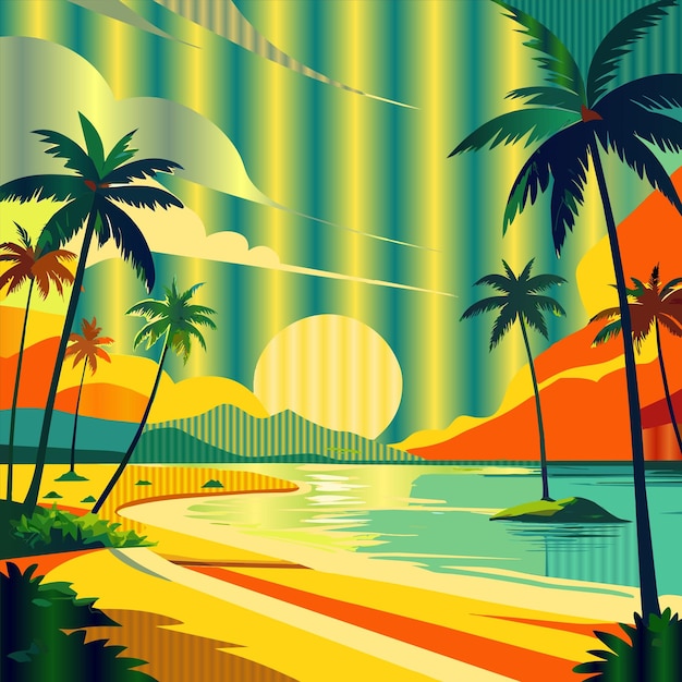 a colorful background with palm trees and a sunset