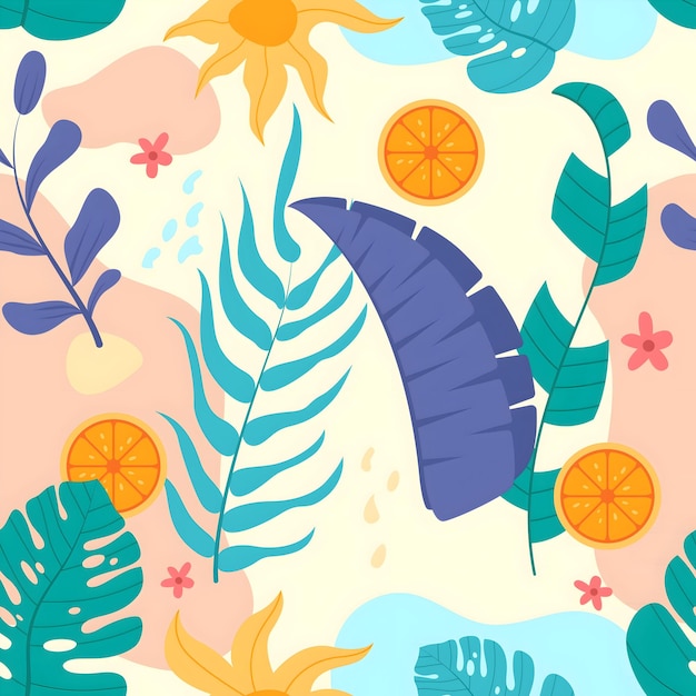 a colorful background with a pattern of leaves and flowers