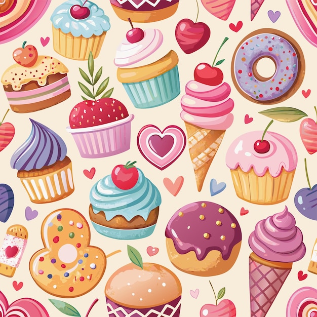 a colorful background with a variety of cupcakes and a heart shaped cake