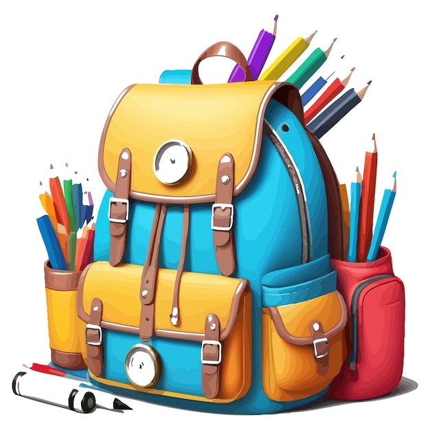 a colorful backpack with a blue and yellow case on it that says quot school quot