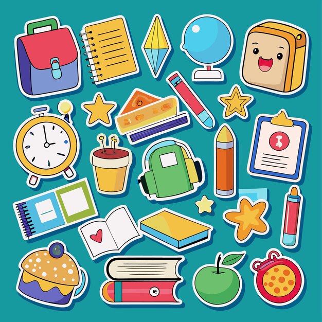 Vector colorful backtoschool sticker set fun educational icons for kids