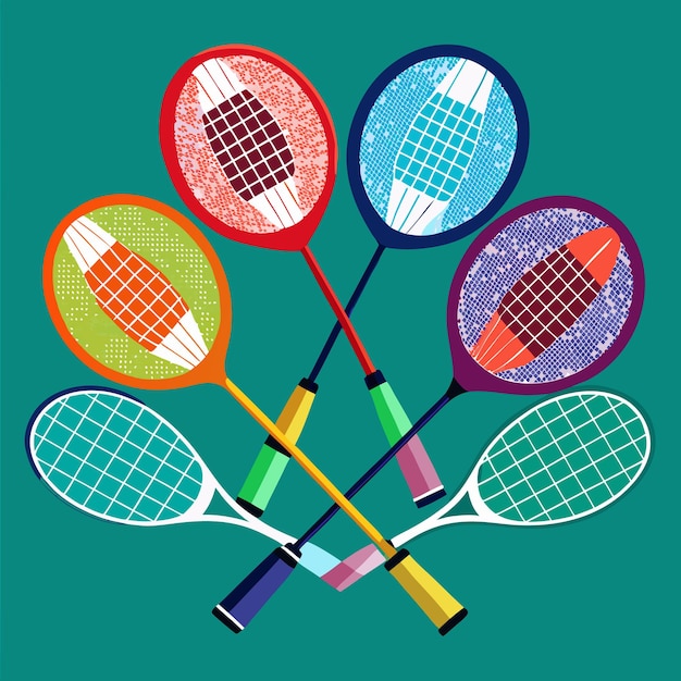 Colorful Badminton Rackets Intertwined on Green Background