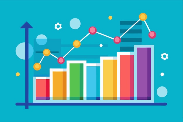 Vector colorful bar graphs and a line chart illustrate a flat trend in data analysis emphasizing key statistics analyst data shows a flat trend