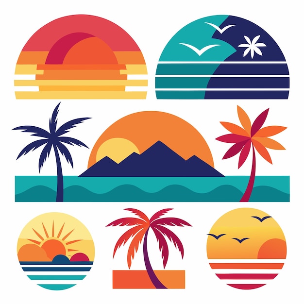 a colorful beach scene with palm trees and sun palm trees and a beach scene