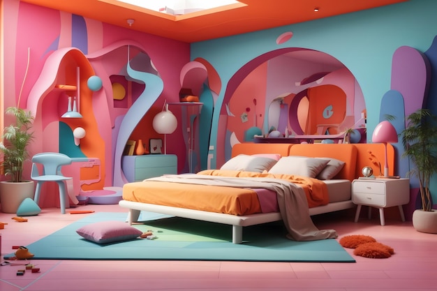 Vector a colorful bedroom with a bed and a wall of colorful furniture