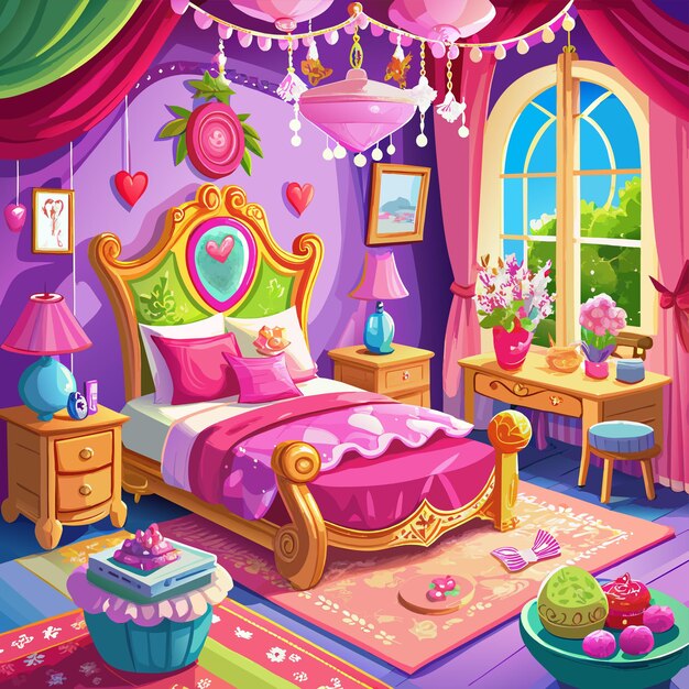 Vector a colorful bedroom with a bed and a window with the word  on it