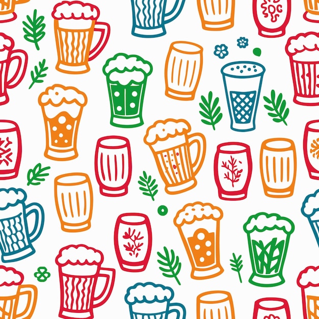 Vector colorful beer glasses and mugs with foamy tops a seamless pattern for pub and brewery decor