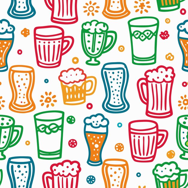 Vector colorful beer mugs and glasses seamless pattern