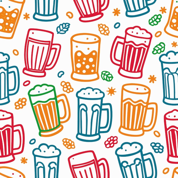 Colorful Beer Mugs and Hops Seamless Pattern