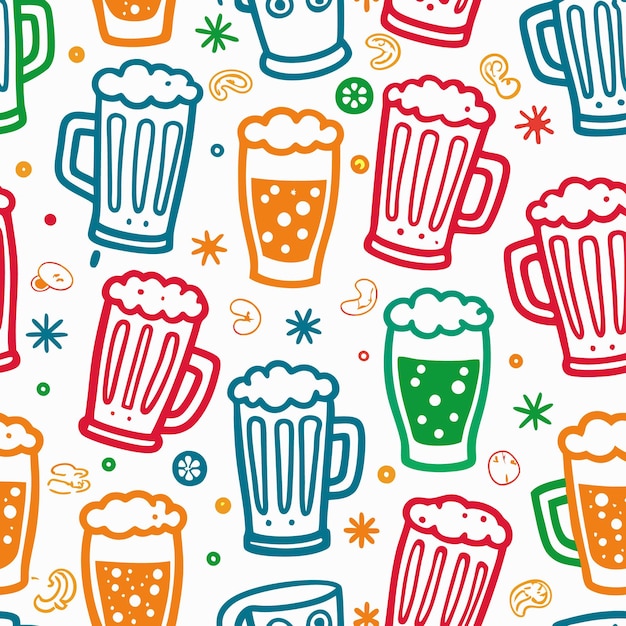 Colorful Beer Mugs and Snacks Seamless Pattern Design