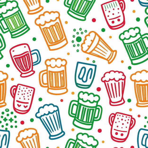 Colorful Beer Mugs with Foam and Dots Seamless Pattern