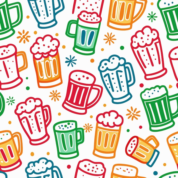 Colorful Beer Mugs with Foam and Festive Decorations Seamless Pattern